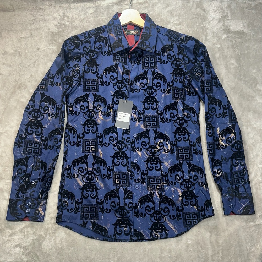 Chuxx Men’s Long Sleeve Dress Shirt Blue Black Velvet Pattern Slim NWT Size S